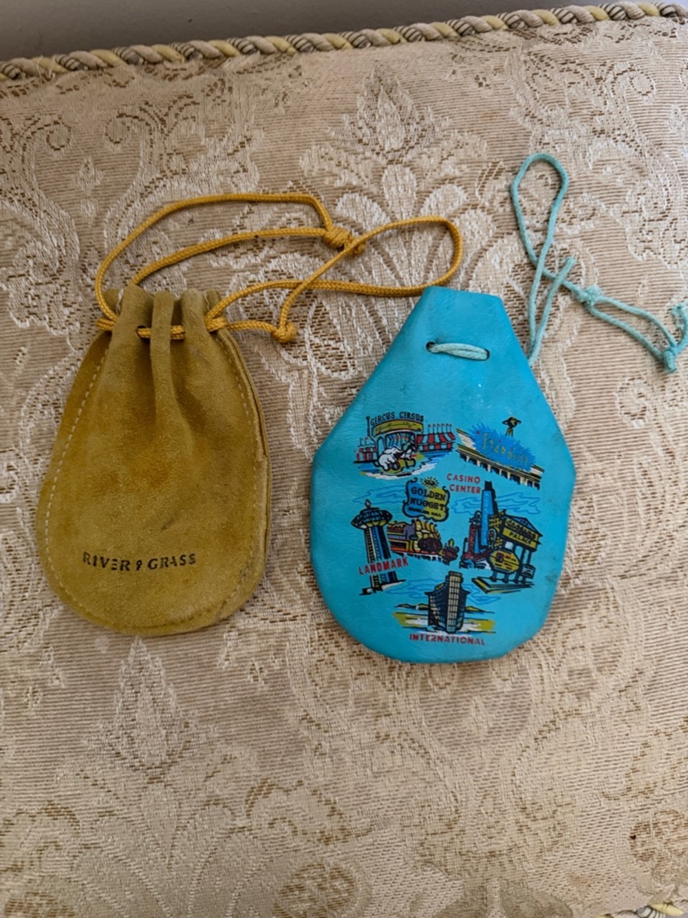River & Grass Suede Drawstring Pouch and Turquoise Vintage Souvenir Pouch